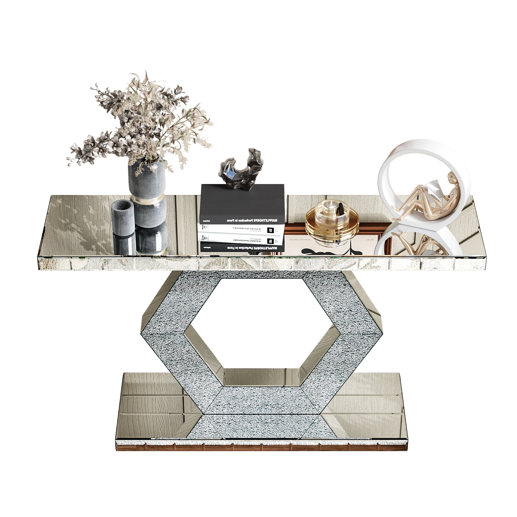 Sparkling Crystal Hexagon Mirror Entryway Console Table