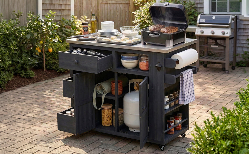 TOPMAX Outdoor Solid Wood Extendable Kitchen Island