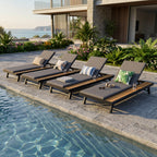 Black Iron + Teak Finish Outdoor Chaise Lounge Set with Dark