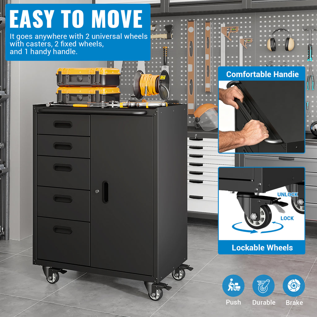 Metal Tool Garage Storage Cabinet with 5 Drawers and 1 Door