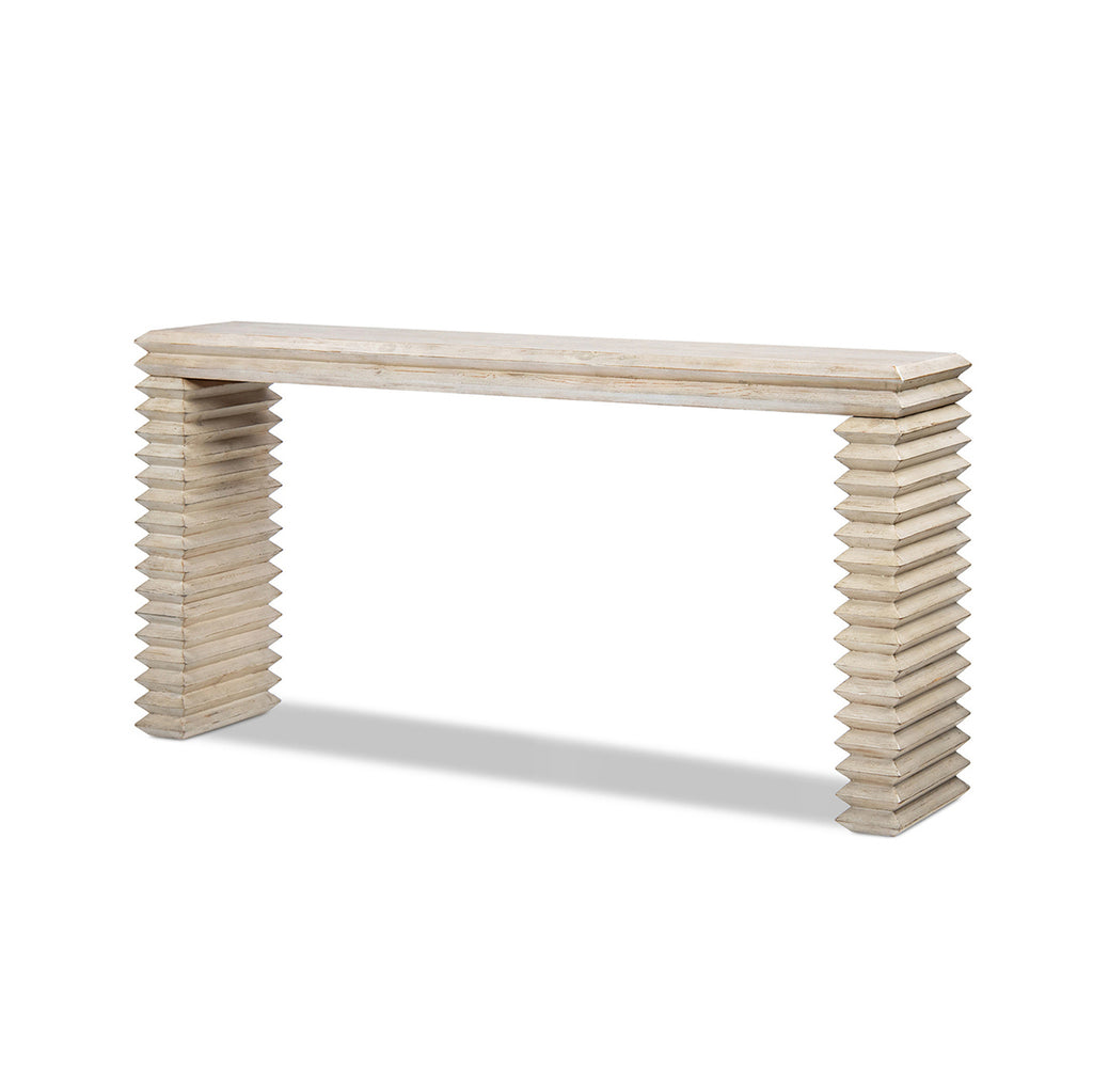 Veda 63" Reclaimed Wood Stacked Geometric Waterfall Console Table, Whitewashed