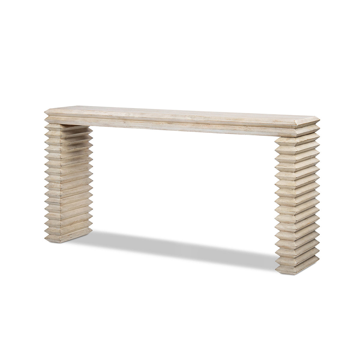 Veda 63" Reclaimed Wood Stacked Geometric Waterfall Console Table, Whitewashed