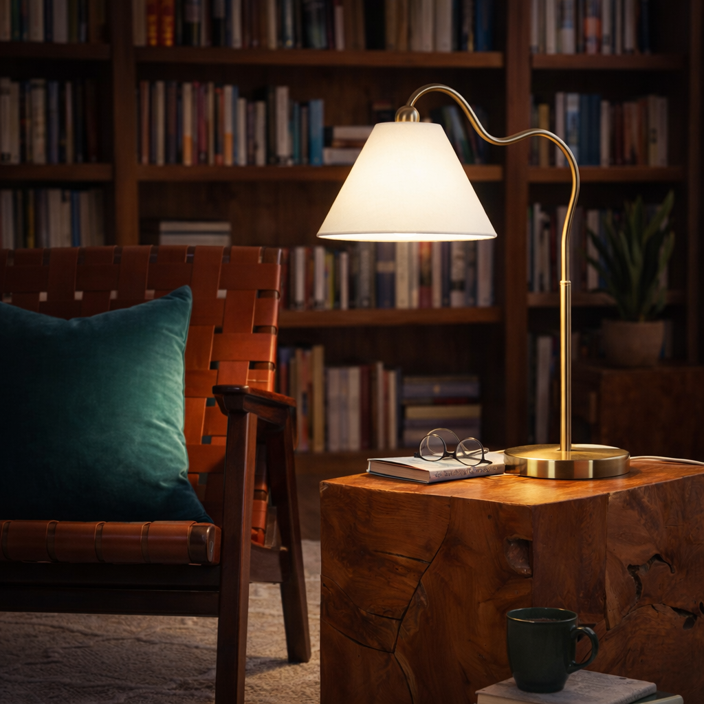 Ornate Brass Ring Base Curved Table Lamp