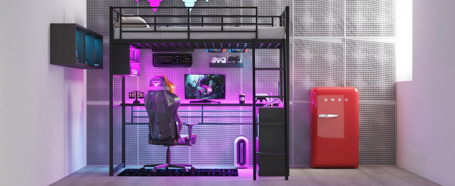 Full Size Metal Loft Bed With LED, Desk And 4 Storage Shelves
