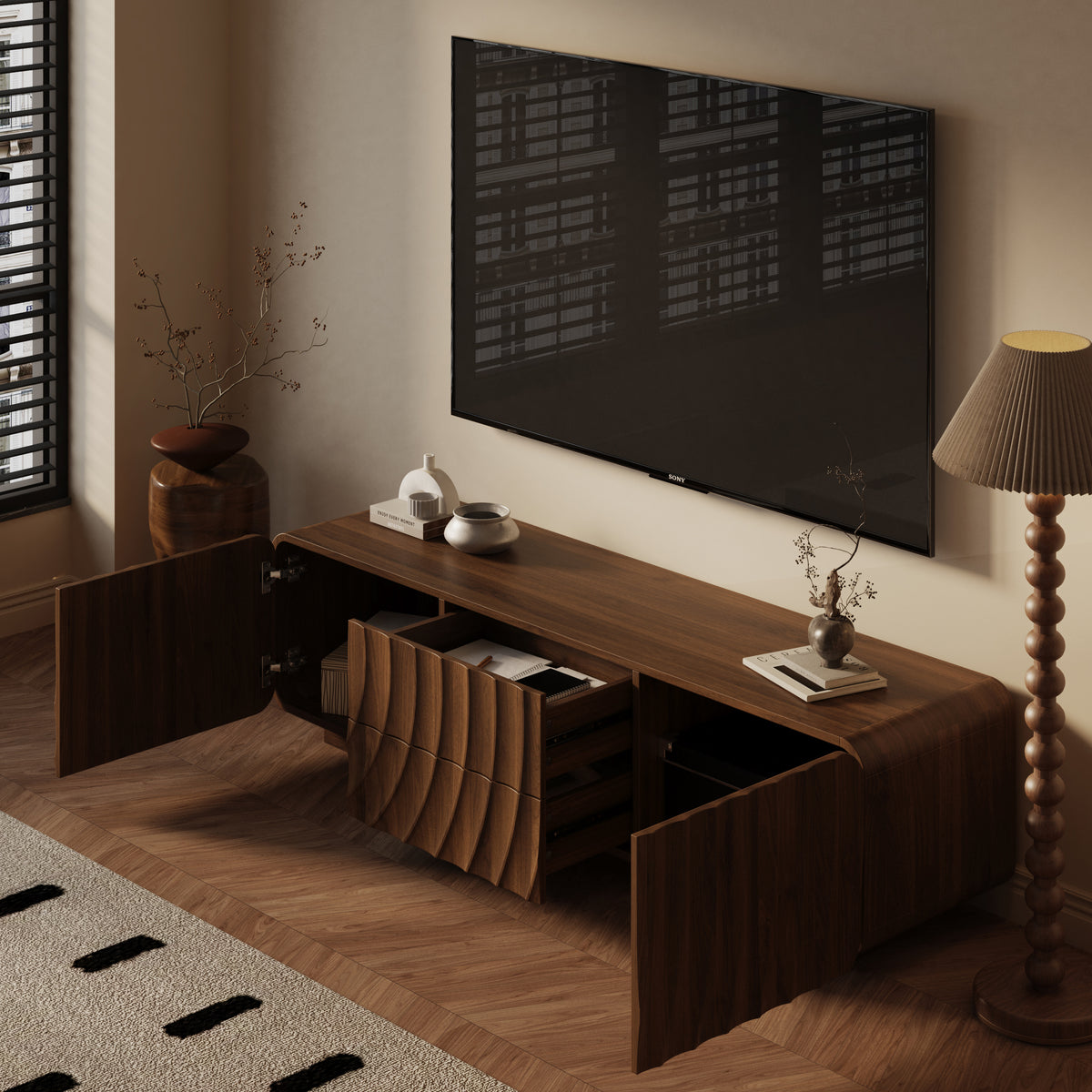 58''Tv Console With Mid Century Unique Spiral Wave Design With Storage Cabinet And 2 Drawers Tv Stand For Living Room, Bedroom