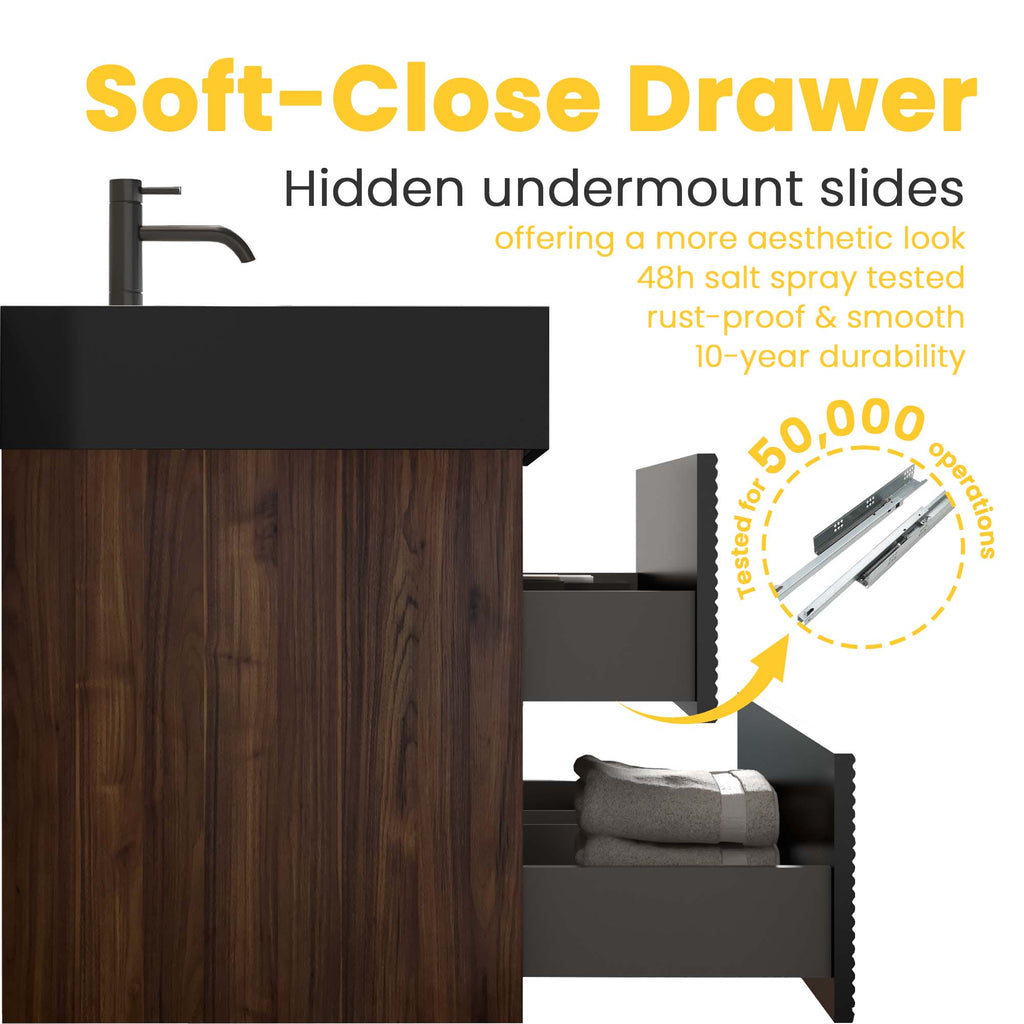 Grace 36" Wall-Mounted Bathroom Vanity, Walnut and Black with Solid Surface Sink