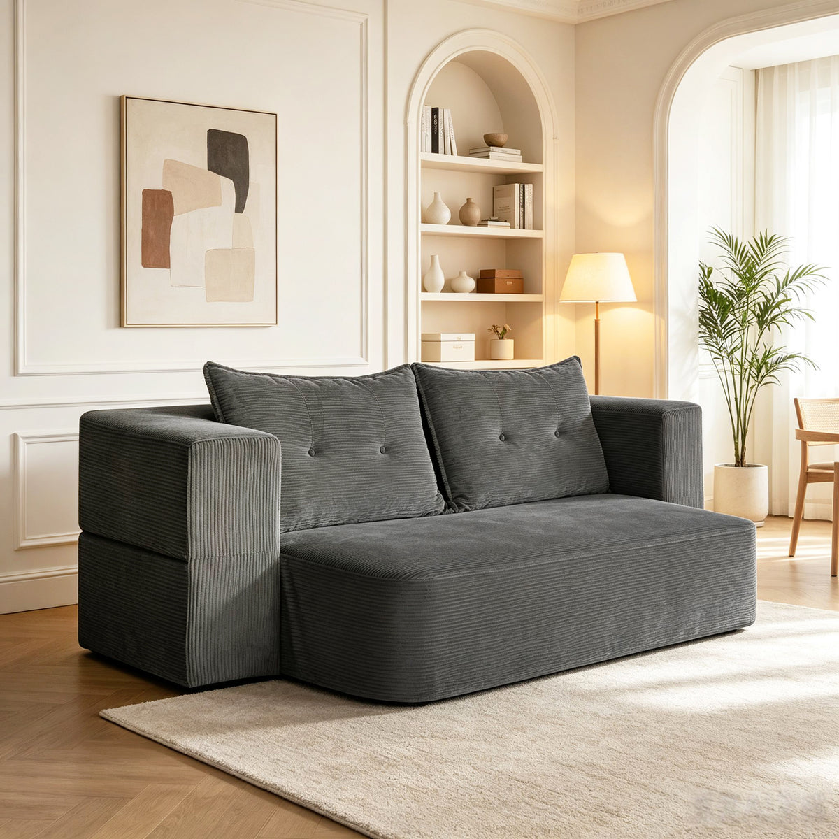 Modern Corduroy Floor Convertible Sofa Bed Folding Sleeper Couch with High-Density Foam Mattress No Assembly Require for Living Room & Small Apartments