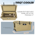 110 Quart Khaki Cooler, Rotomolded Insulated Ice Chest