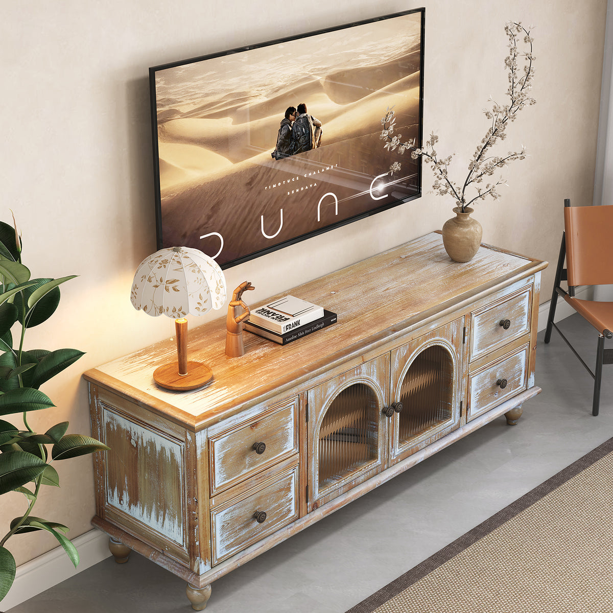 60" Farmhouse TV Stand with 4 Drawers & 2 Glass Doors, Rustic Wood Media Console, Distressed Entertainment Center for TV