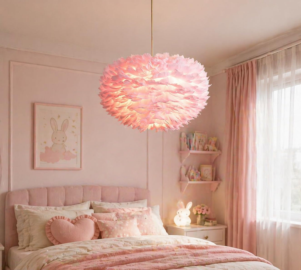 Pink Feather Chandelier, 3-Light Ceiling Fixture, 17.7 Inches