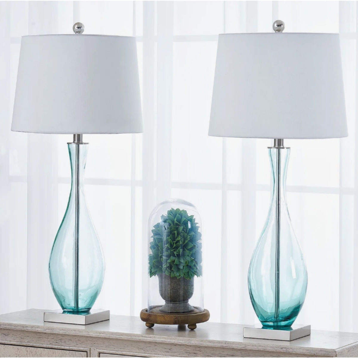 Glass Table Lamps Set of 2, 30 Inch Tall, 3-Way Dimmable with USB Charging, Blue