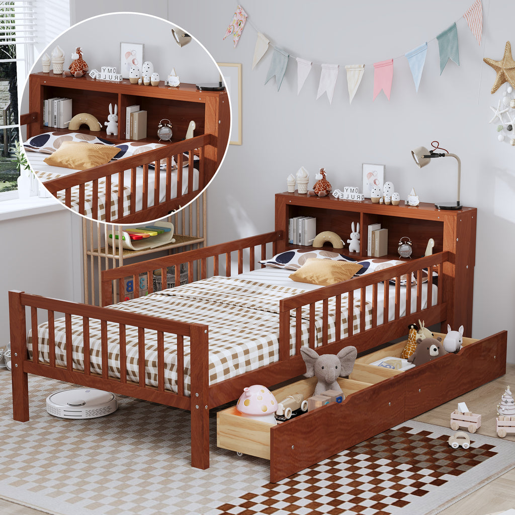 Twin Size Bed with Headboard Storage Rack, Two Under-Bed Drawers