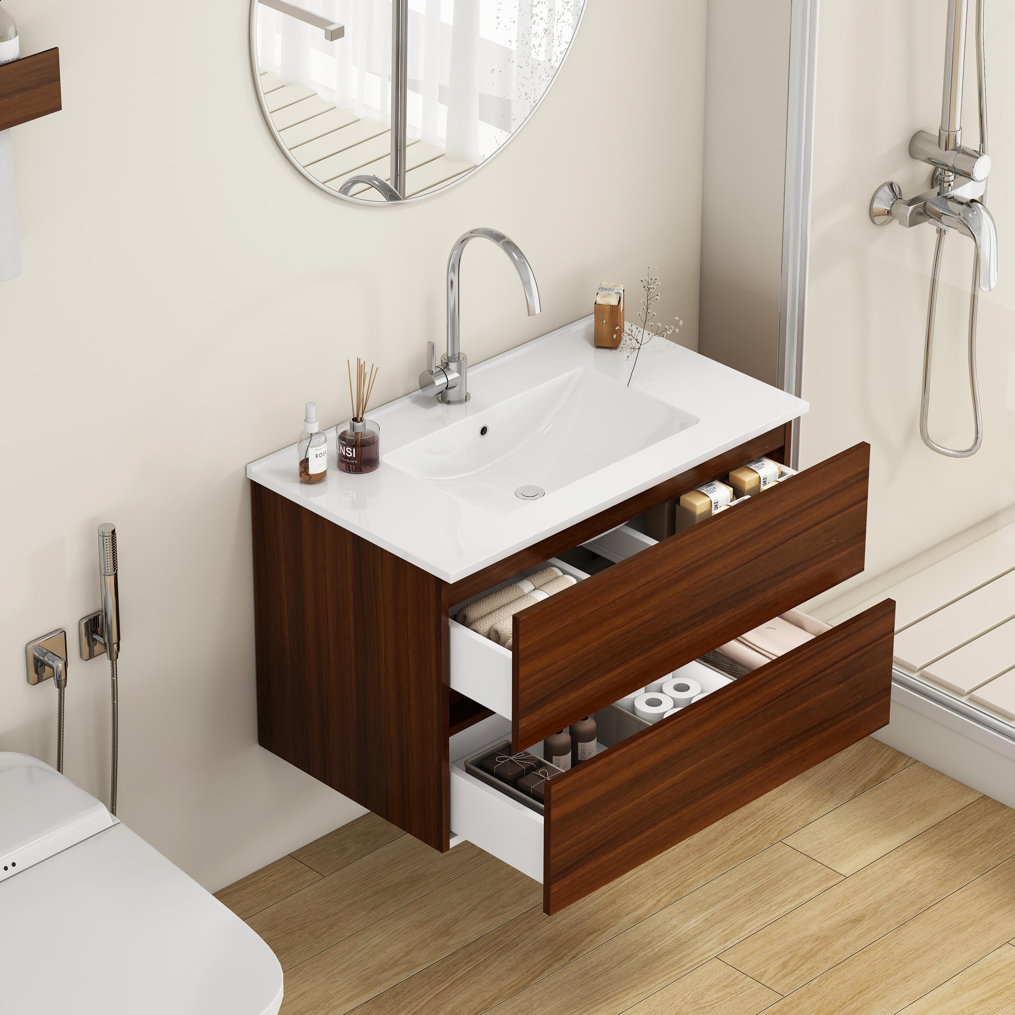 32-Inch Wall-Mounted Bathroom Vanity with Double Drawers