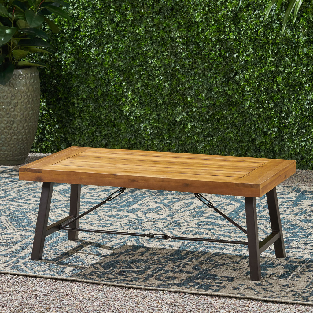 Outdoor Acacia Wood Coffee Table, Teak Finish / Rustic Metal