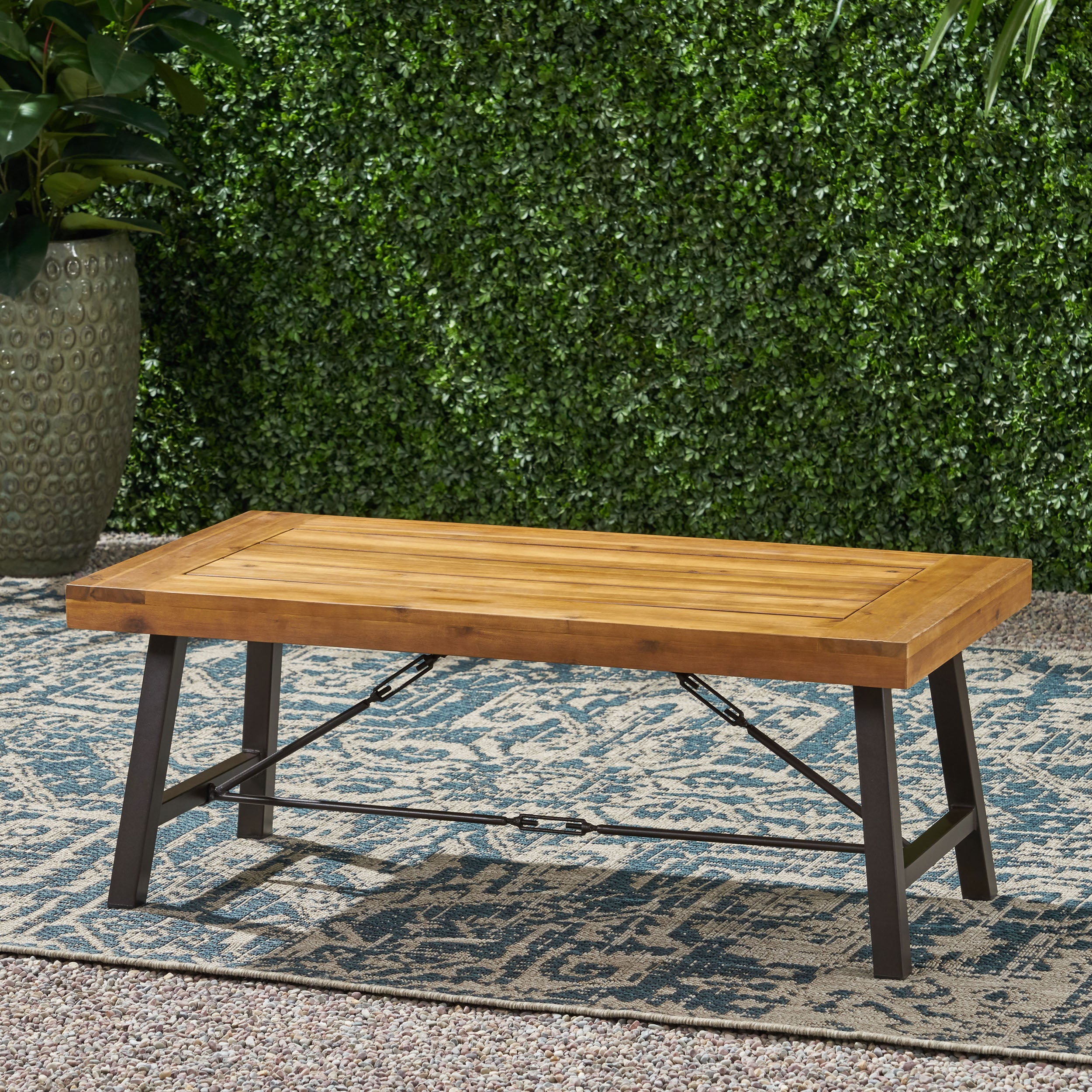 Outdoor Acacia Wood Coffee Table, Teak Finish / Rustic Metal