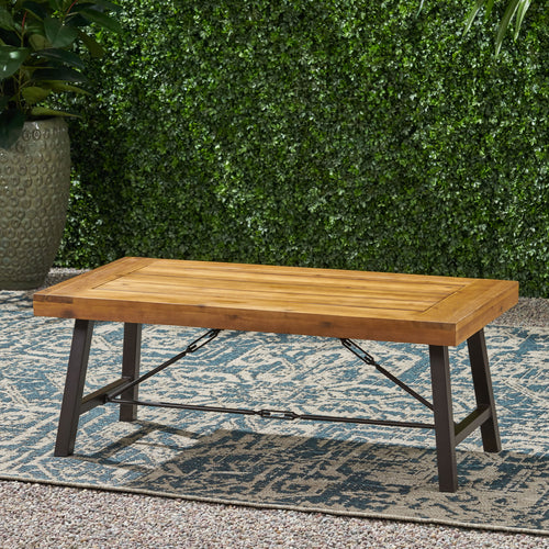 Outdoor Acacia Wood Coffee Table, Teak Finish / Rustic Metal