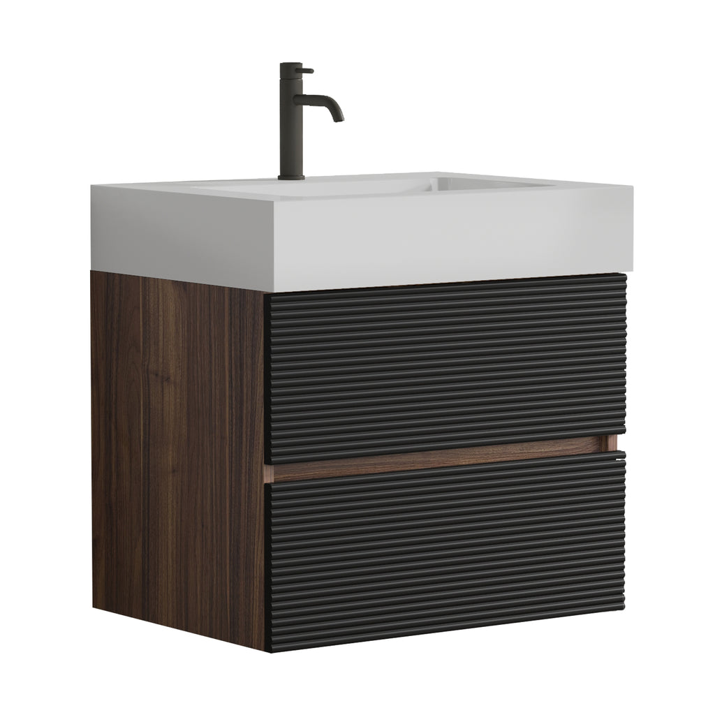 Grace 24-Inch Wall-Mounted Bathroom Vanity with Solid Surface Sink, Walnut and Black
