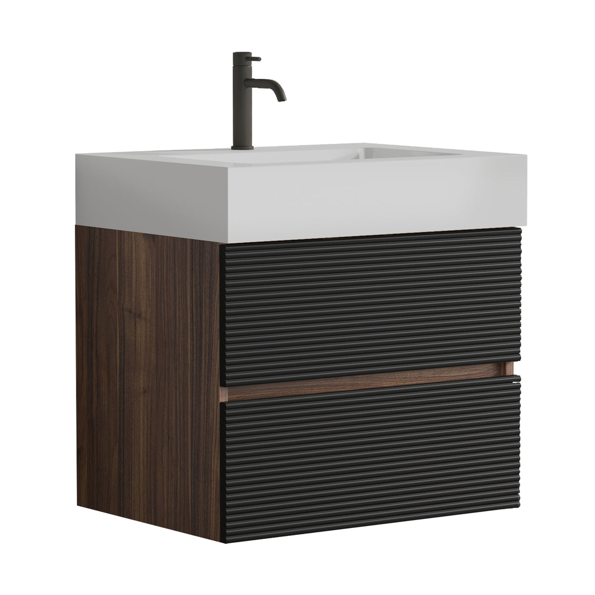 Grace 24-Inch Wall-Mounted Bathroom Vanity with Solid Surface Sink, Walnut and Black