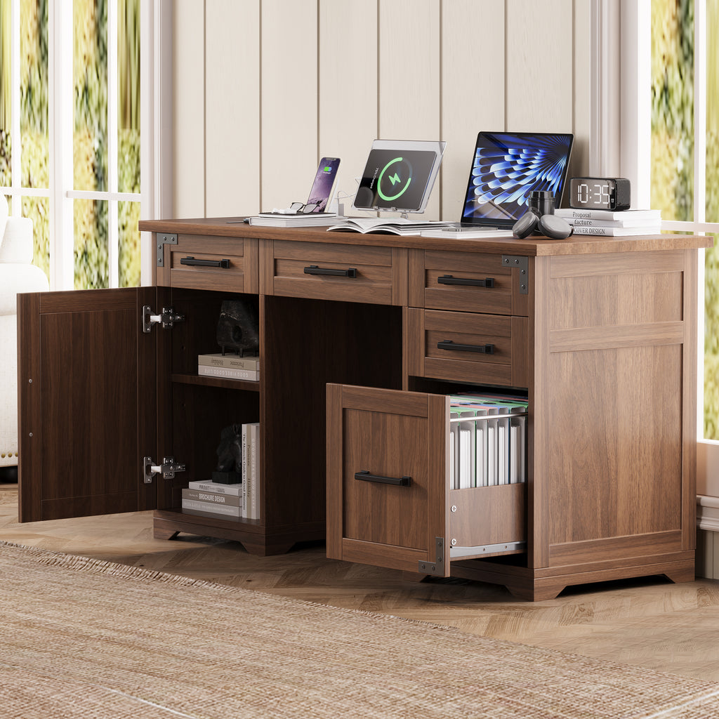 55" Farmhouse Executive Desk with Charging Station