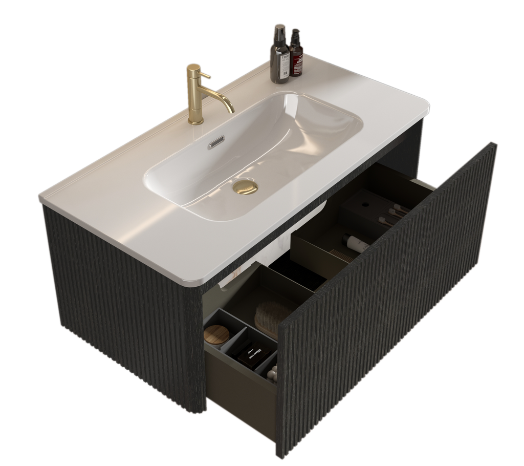 Etna 36-Inch Striped Floating Bathroom Vanity with Ceramic Sink, Black