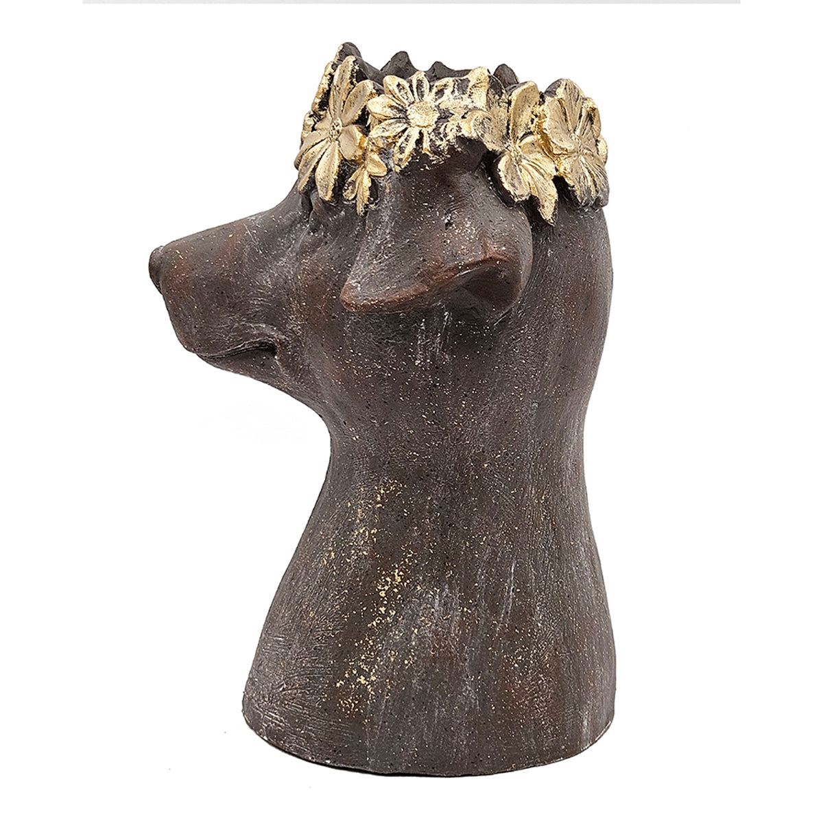 Magnesium Dog Statue Planter, 9.3 x 13 Inches, Brown with Gold Leaf Crown