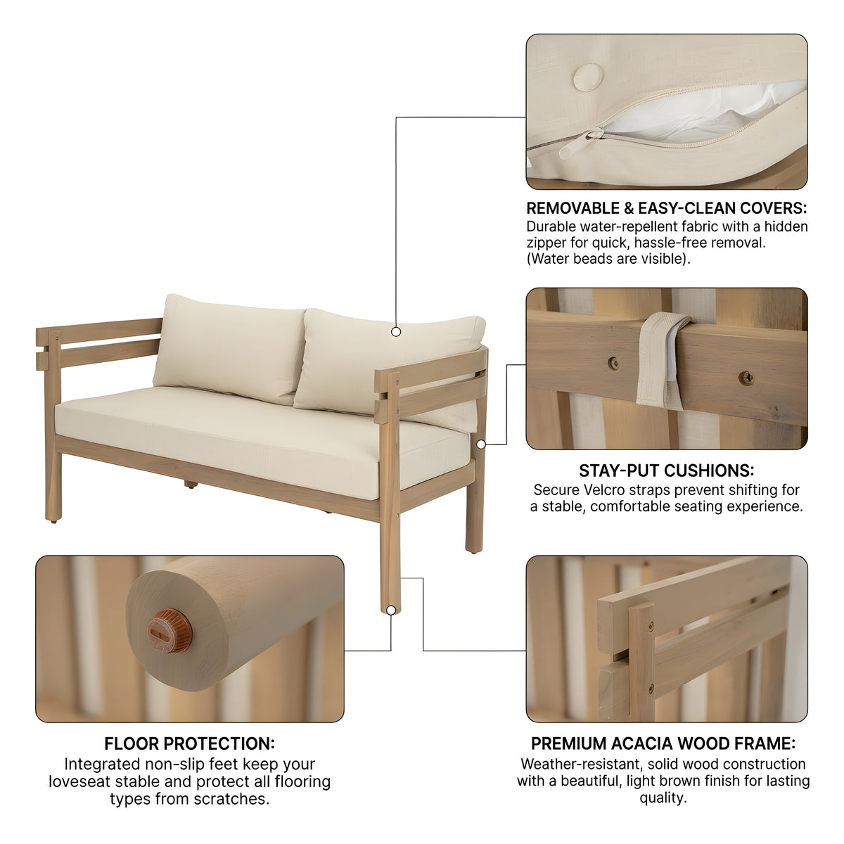 2-Piece Outdoor Acacia Wood Patio Loveseat Conversation Set, Light Brown