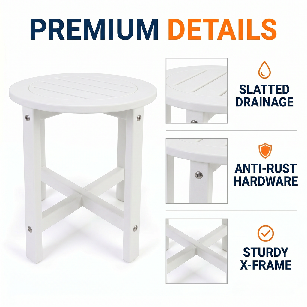 White HDPE Outdoor Side Table - 16 in. Round All-Weather Patio End Table