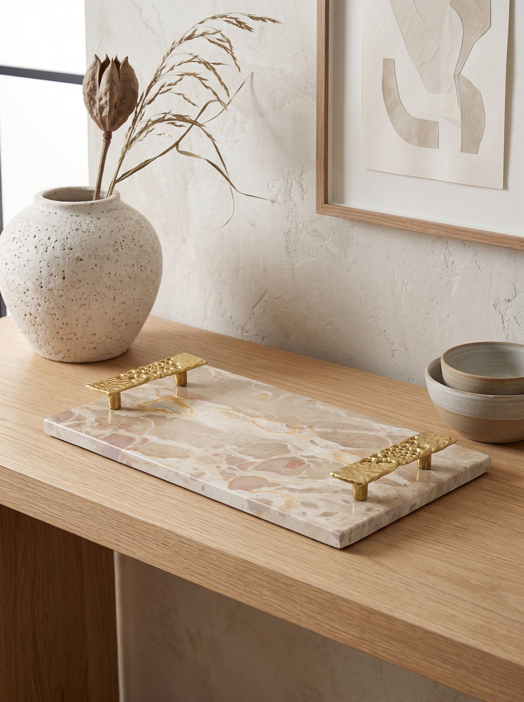 17.7" Marble Tray with Gold Handles