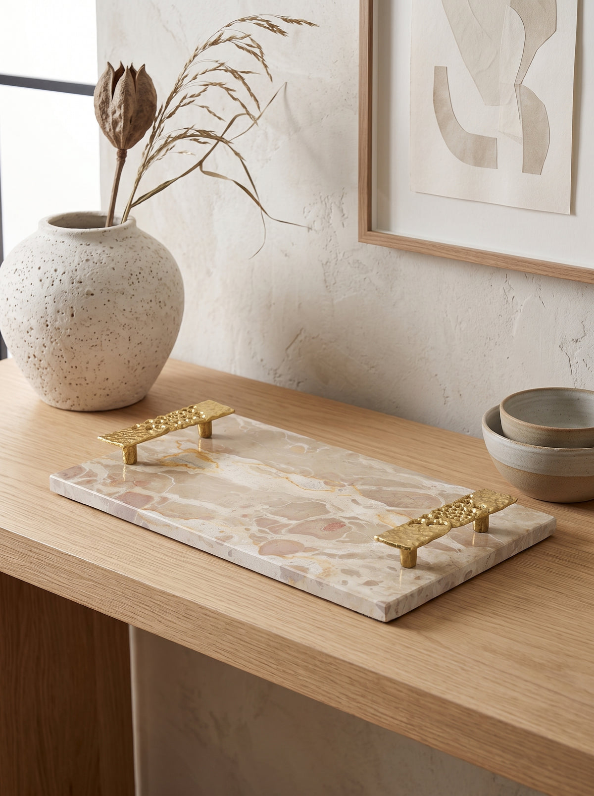 17.7" Marble Tray with Gold Handles