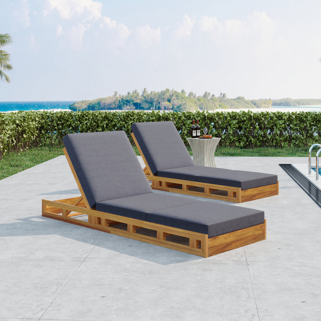 Lounge Chaise Set, Acacia Solid Wood with Lounge Cushion (Dark)