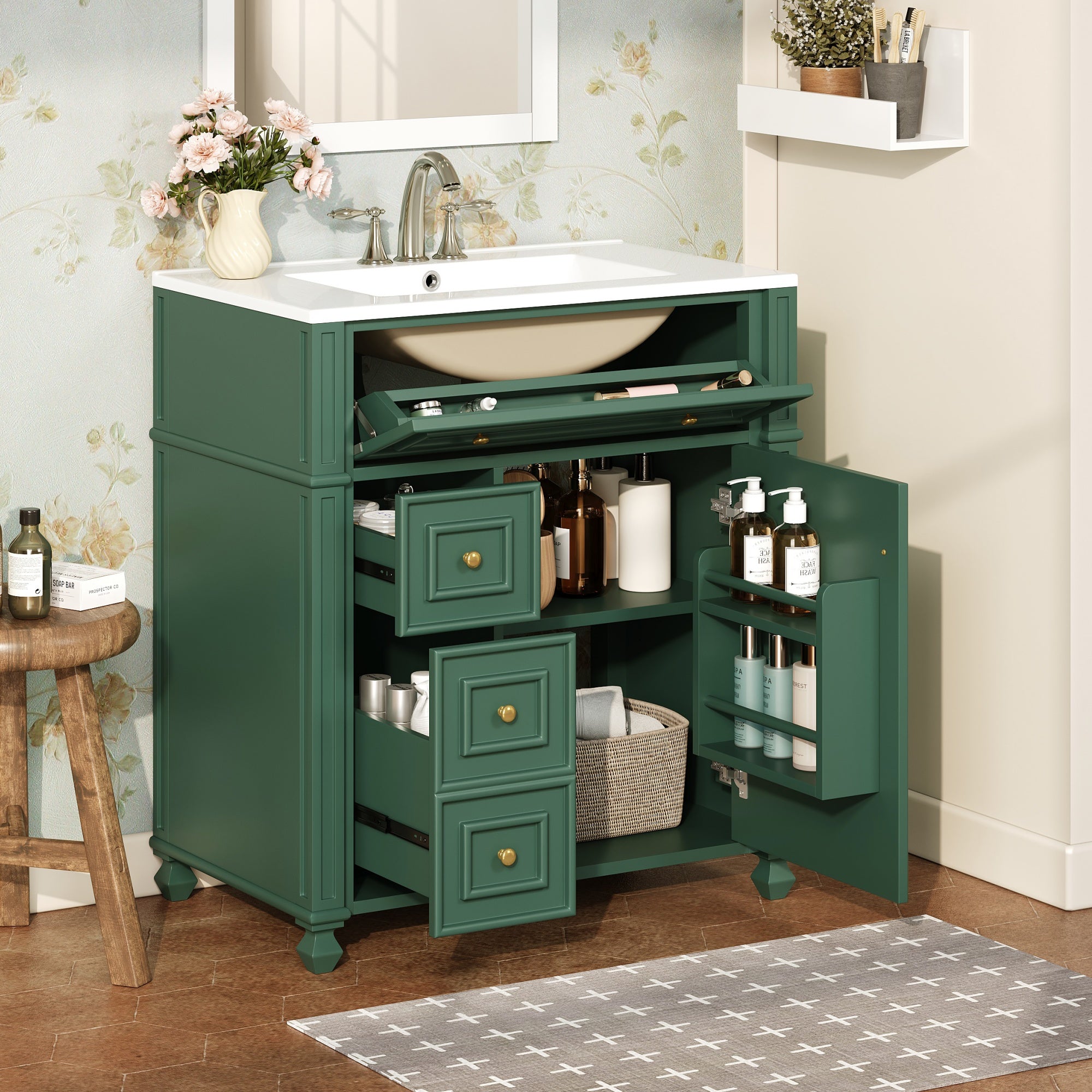 Bathroom Vanity Cabinet with Ceramic Sink Basin - 30 Inch