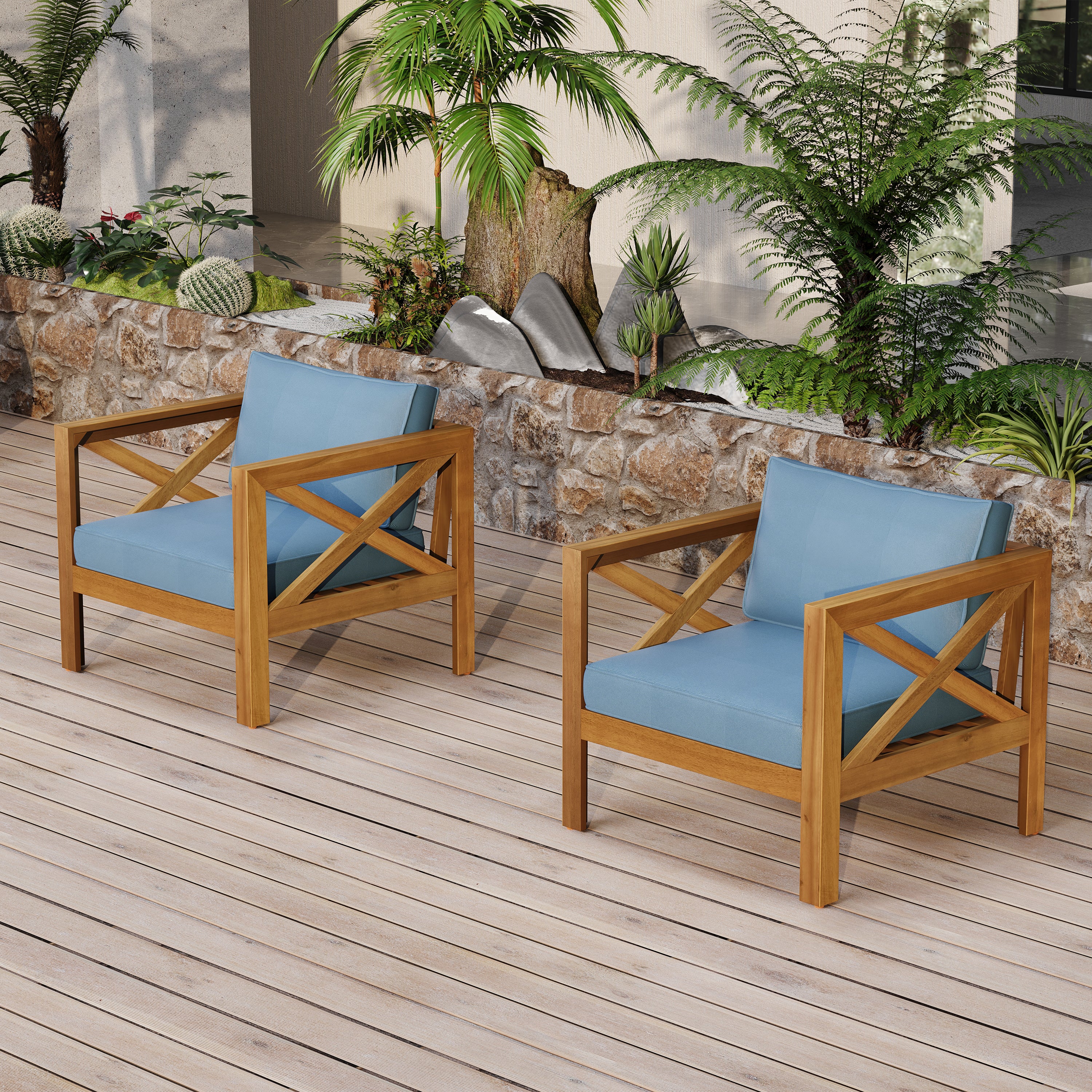 Outdoor Acacia Wood Club Wooden Armchair with Cushions (Set of 4)