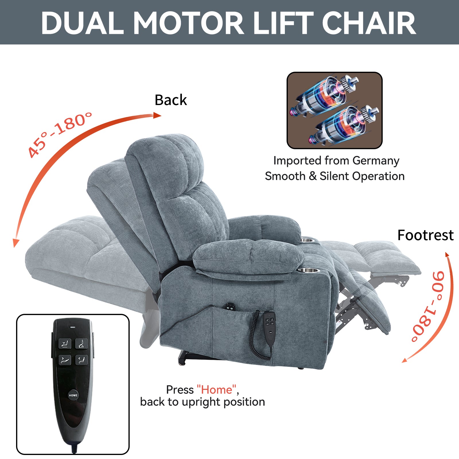Grey Dual Motor Infinite Position Up to 350 LBS Chenille Power Lift Recliner Chair