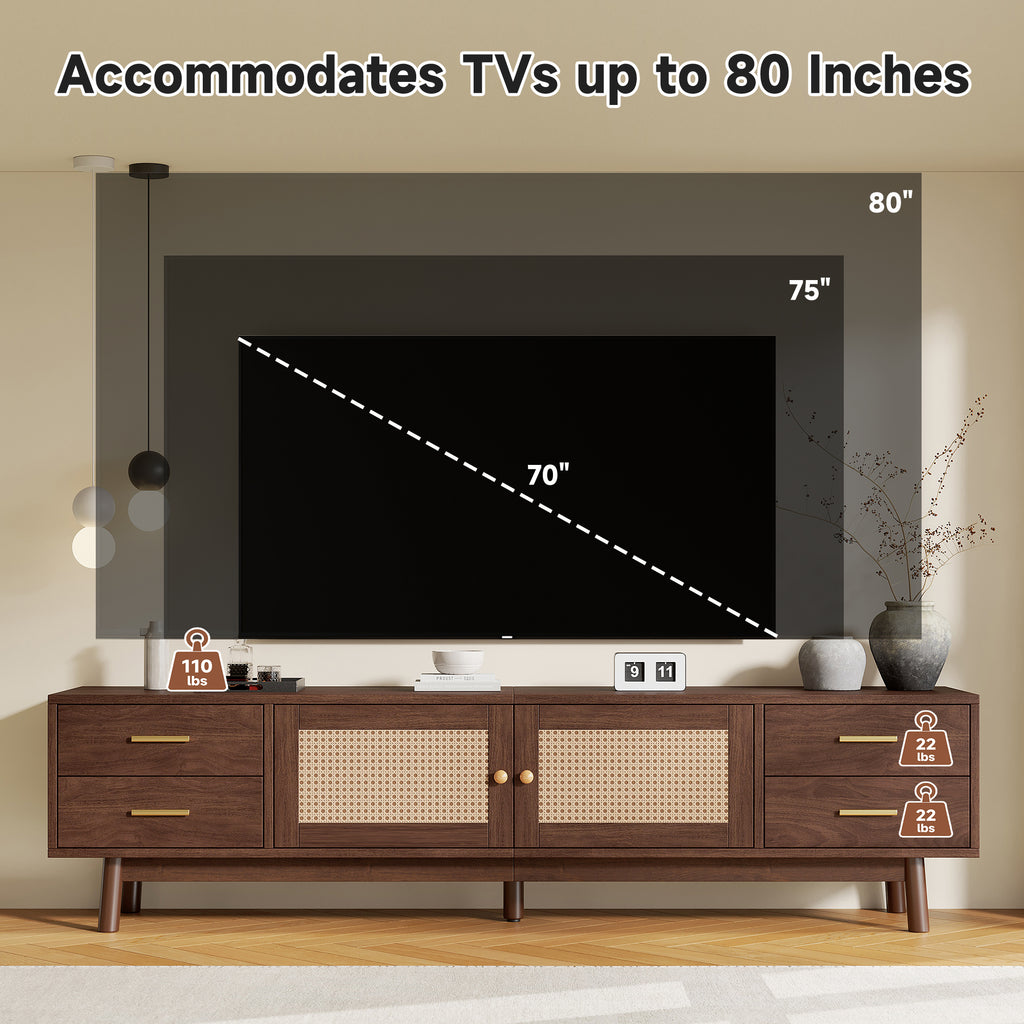 70-Inch Modern TV Stand with Rattan Doors