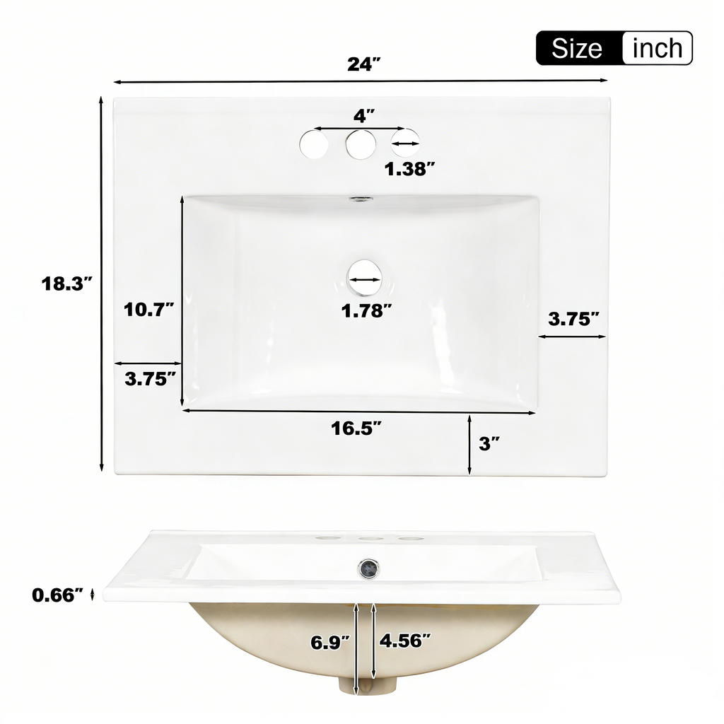 24" Modern Bathroom Vanity with Ceramic Sink, Soft-Close Door, 3 Drawers