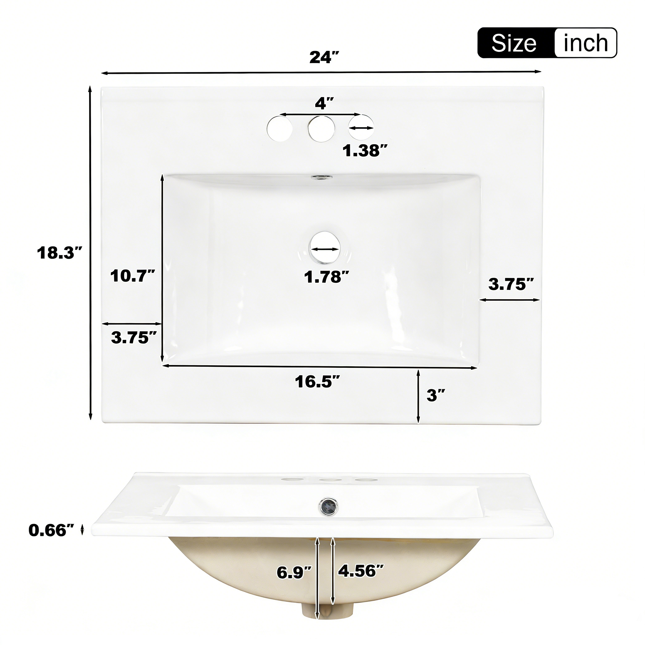 24" Modern Bathroom Vanity with Ceramic Sink, Soft-Close Door, 3 Drawers