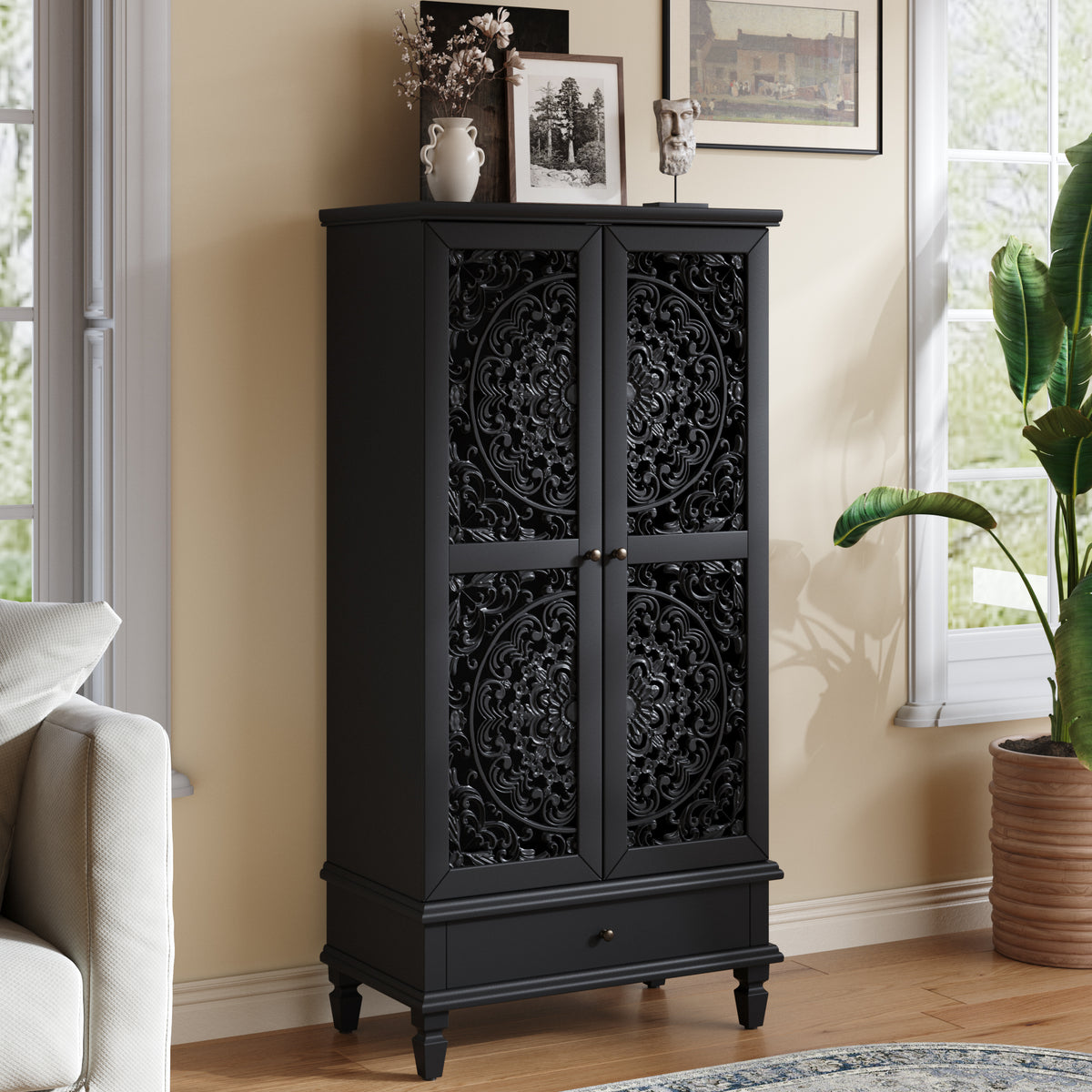 Rustic 55-Inch Tall Storage Cabinet with Drawer, Black