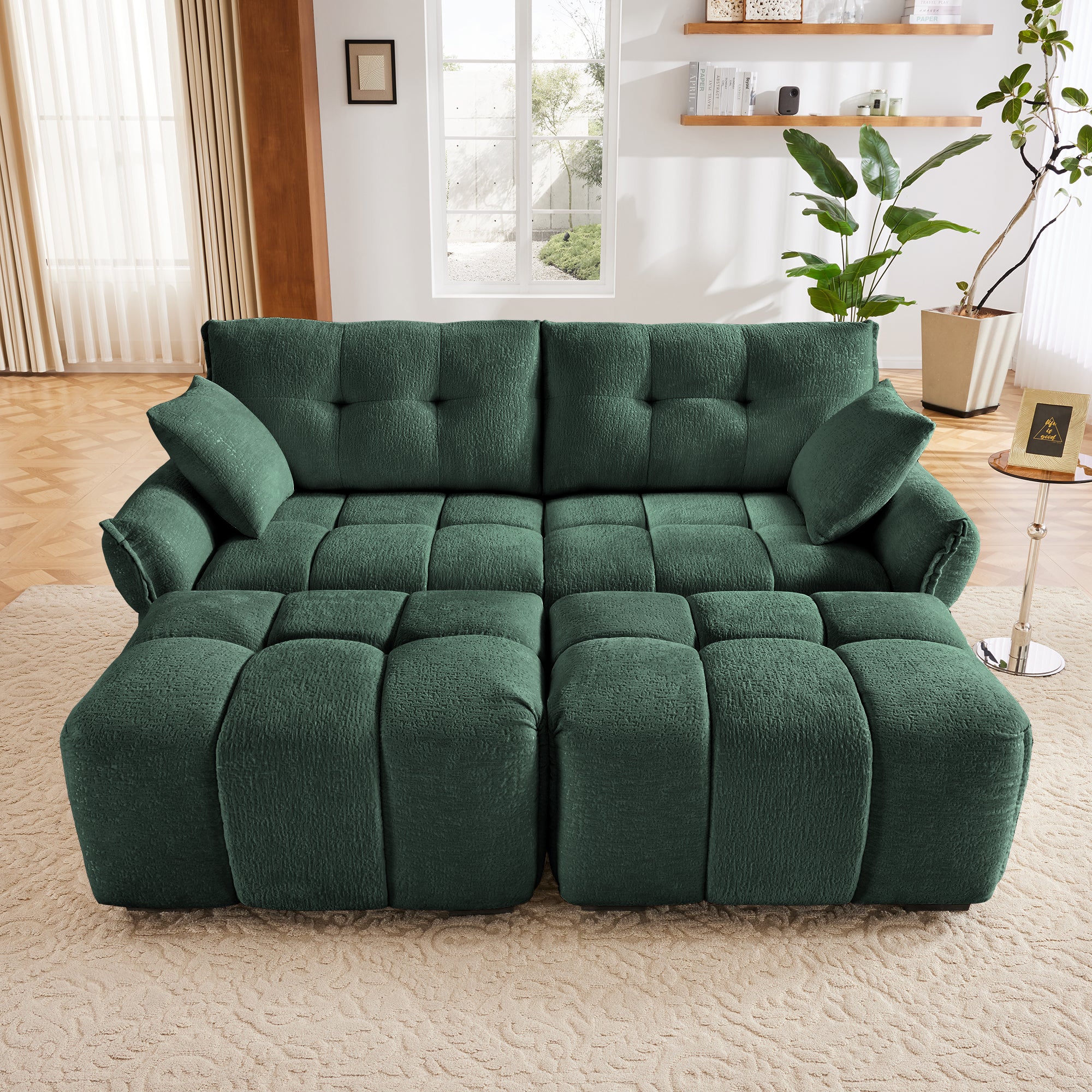 2 Seater Sofa Set with 2 Ottomans and Throw Pillows