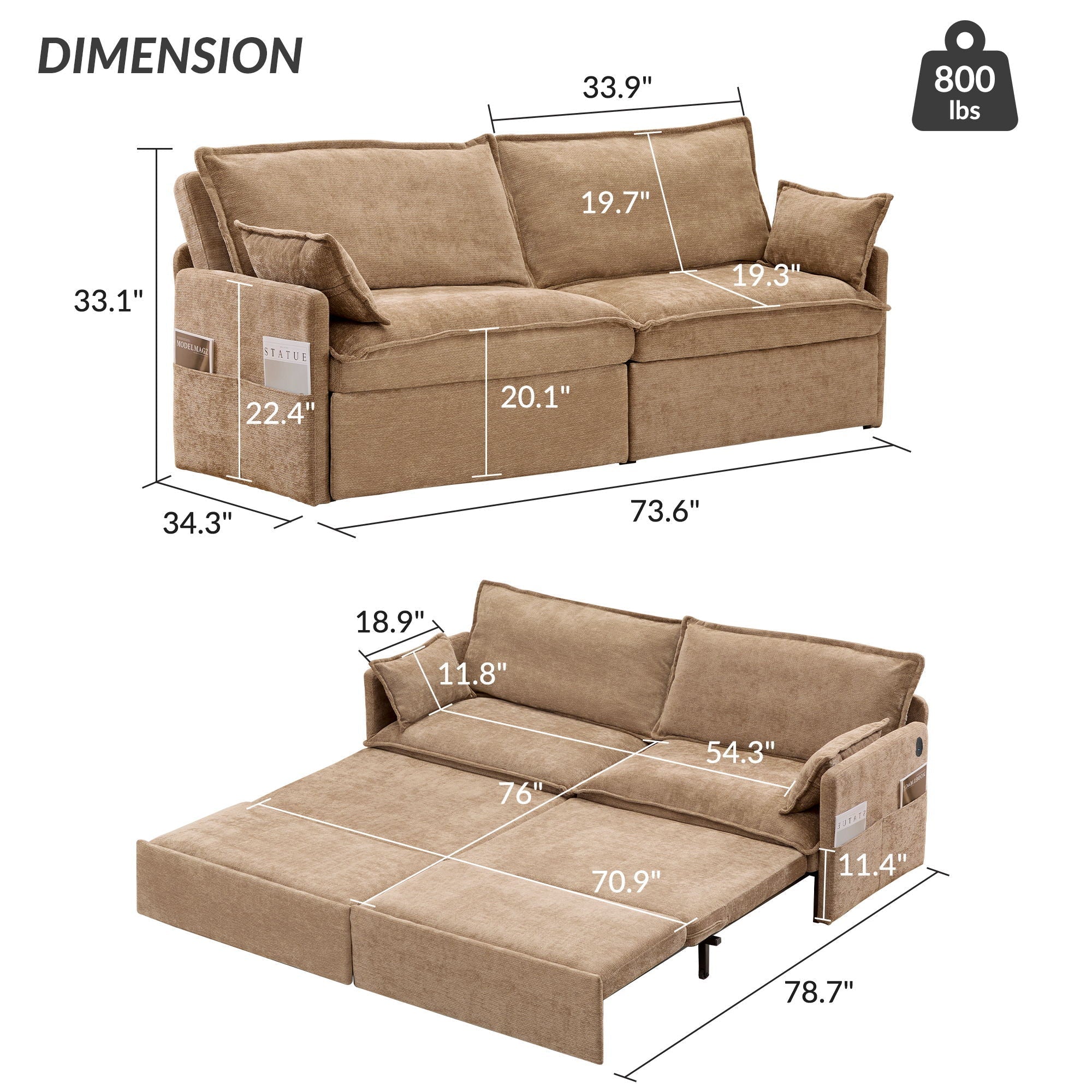 Pull Out Sofa Bed, Convertible Sleeper Sofa Couch, Side Storage, and USB / C - Type Charging Ports Chair