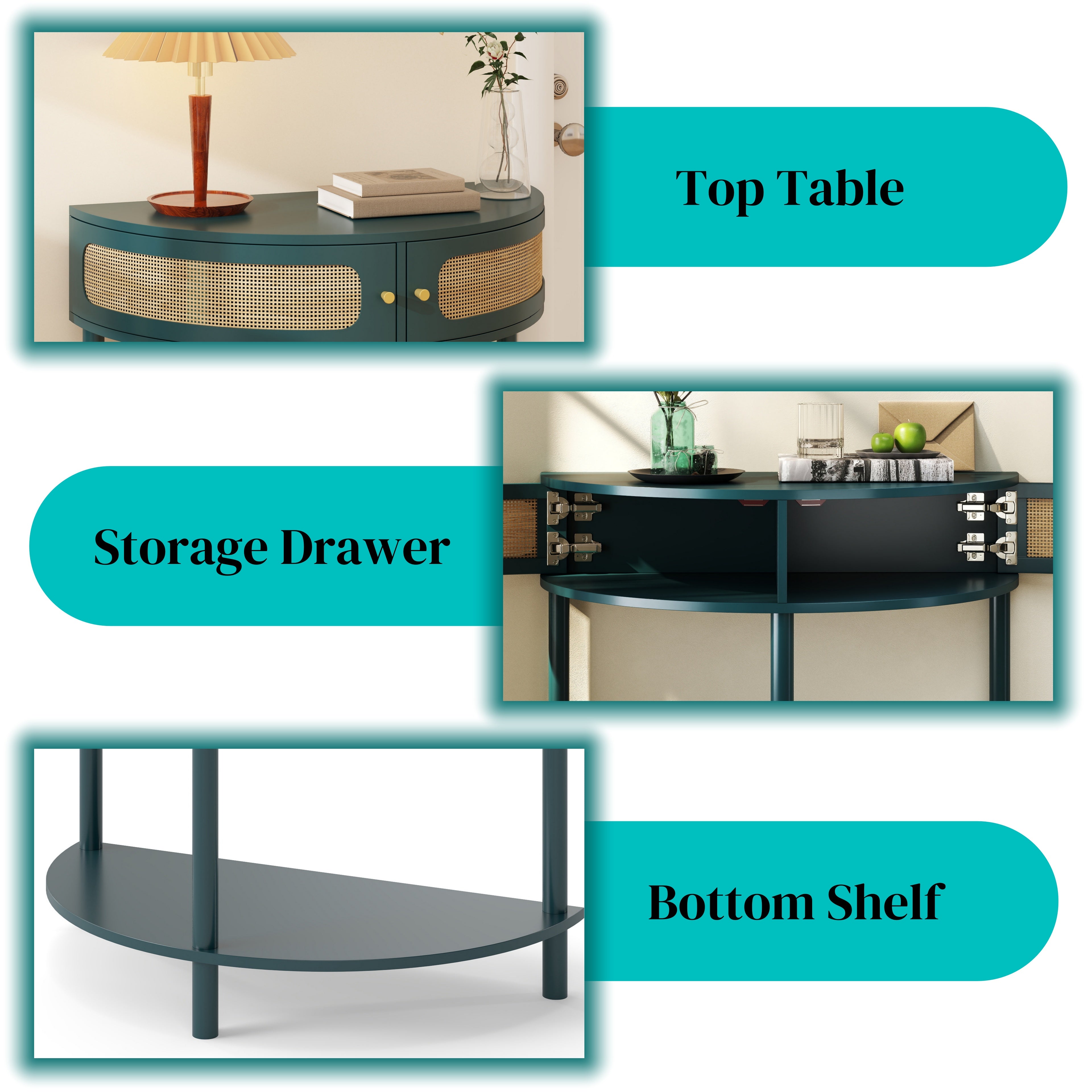 Unique Half Moon Design End Table with Sliding Rattan Door