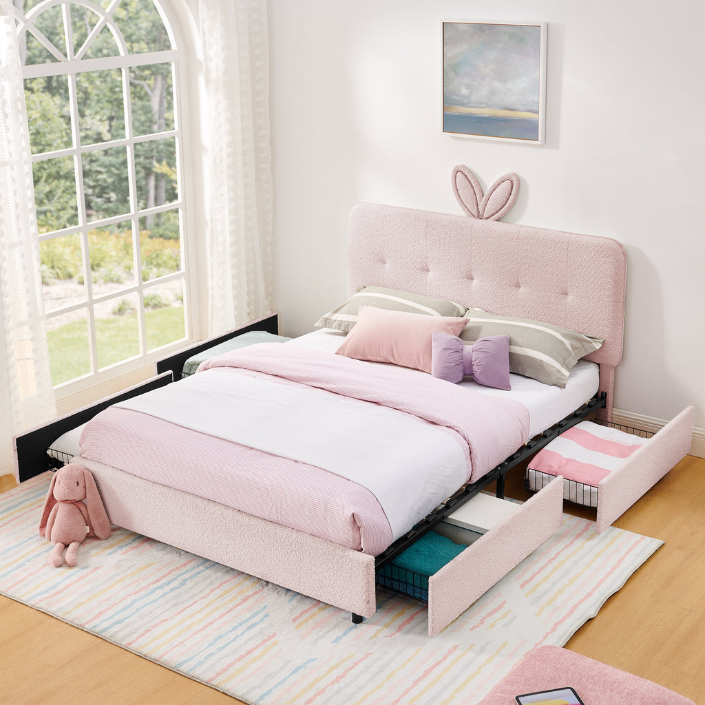 Queen Size Kids Upholstered Bed with Rabbit Ear Headboard