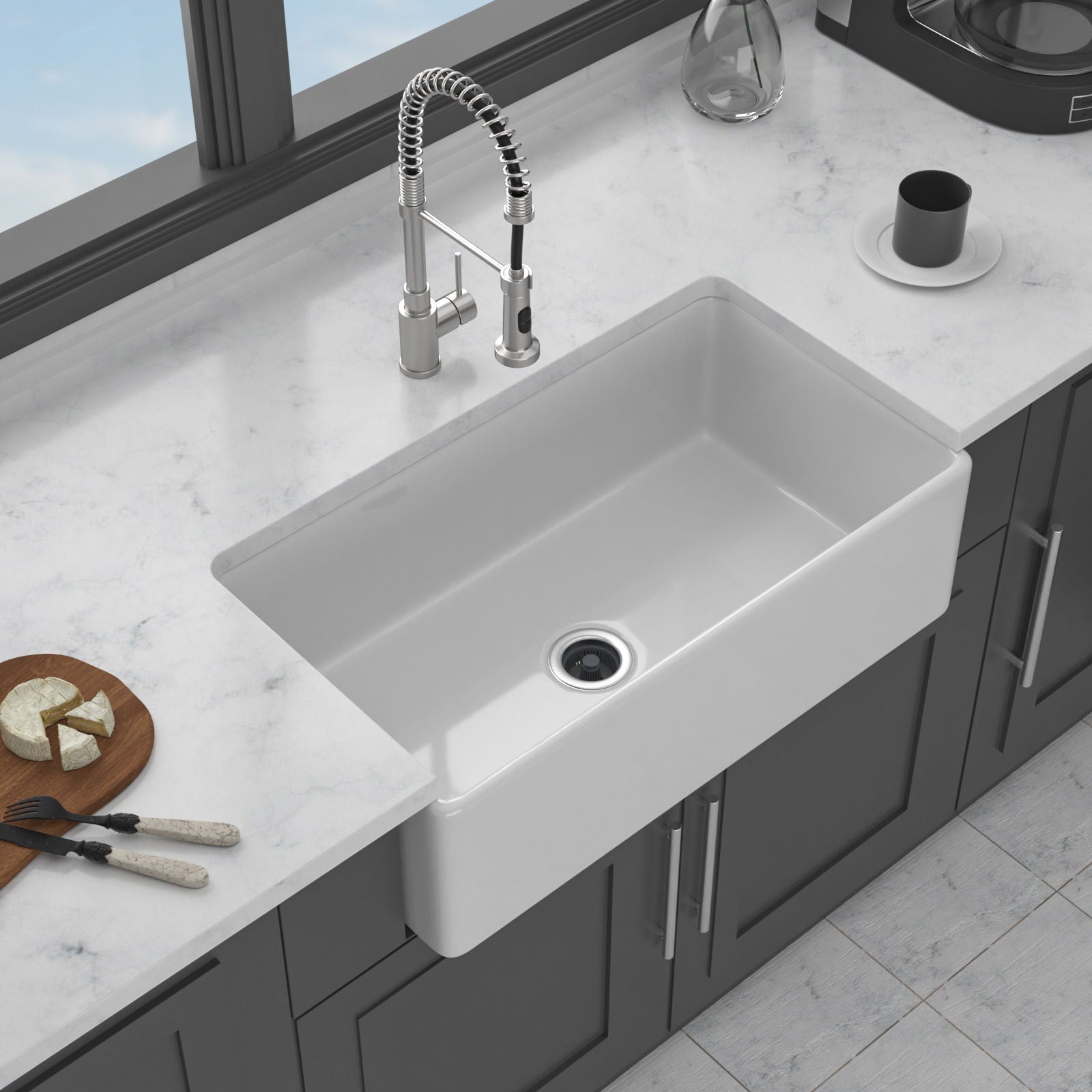 Sink - Apron-Front Reversible Single Bowl Kitchen Sink With Smooth And Ribbed Finishes - White