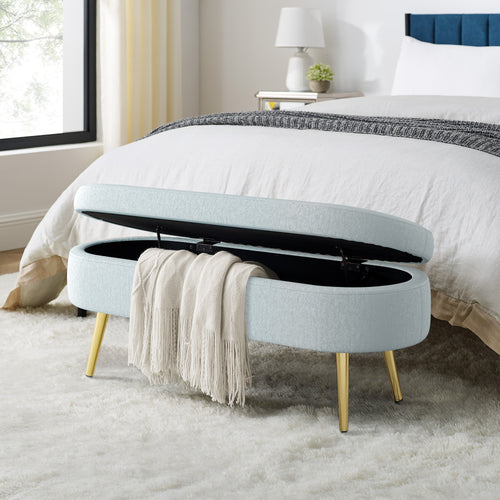 Ottoman Oval Storage Bench, Flannel with Metal Legs-Cyan