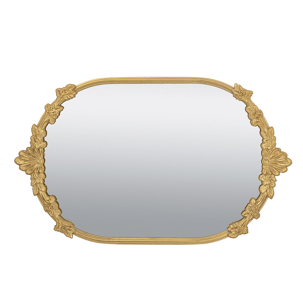 Decorative Mirror Tray with Gold Iron Frame and Floral Accents, 22.7-Inch