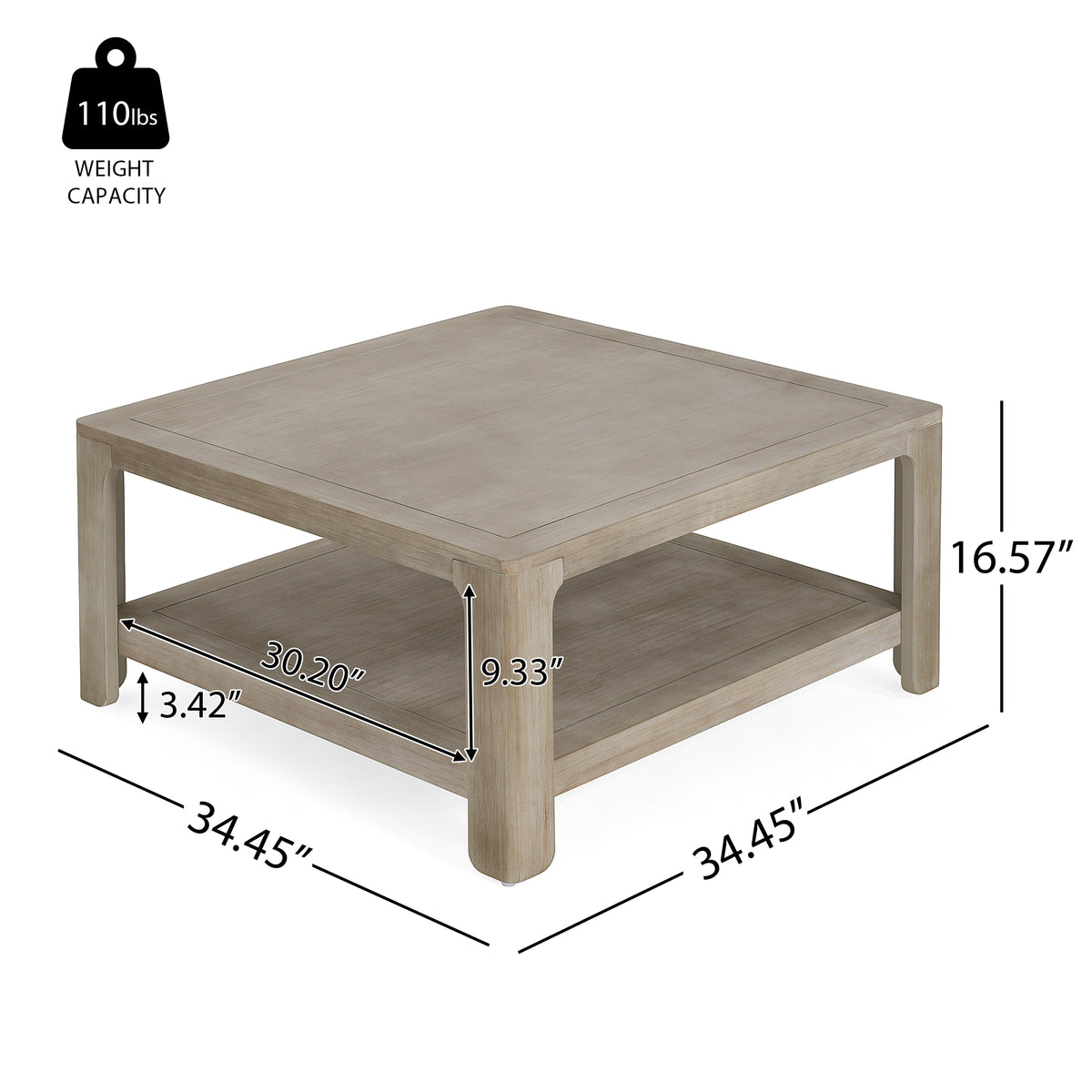 Square Coffee Table With Storage, Light Ash, 34-Inch