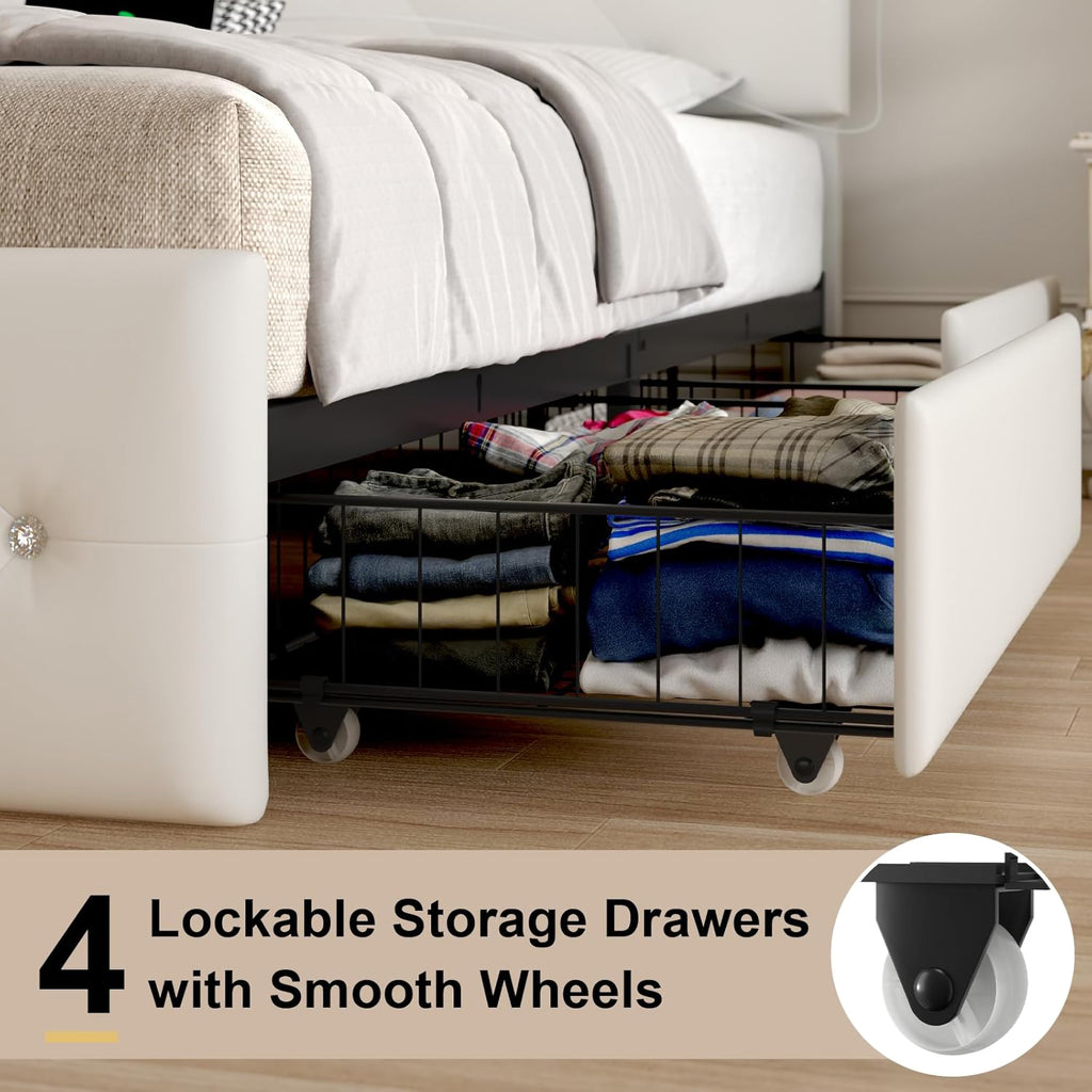 Queen Size Bed Frame with LED Light and 4 Storage Drawers