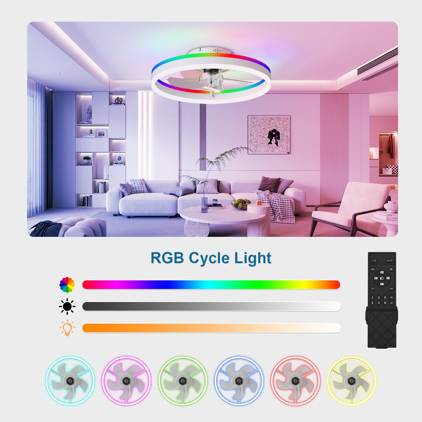 19.7" RGB Flush Mount Ceiling Fan with Light