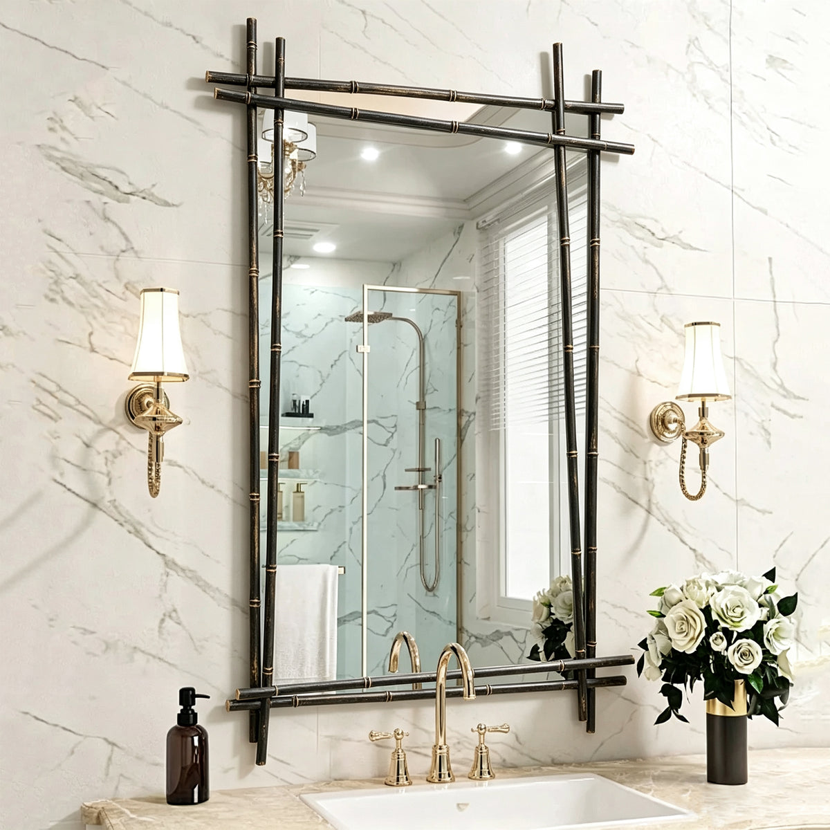 Metal Bamboo‑Inspired Wall Mirror, Rectangular Decor Mirror 26.77×41.73 Inch for Home Decor(Black)