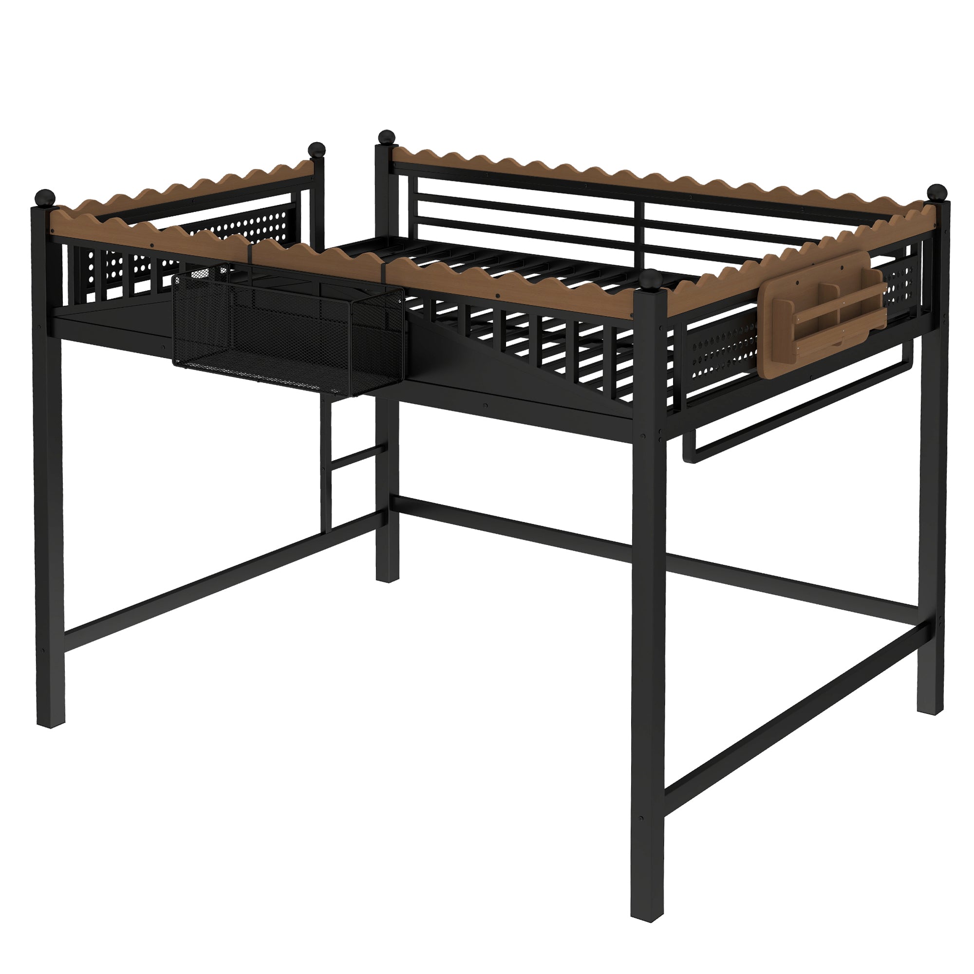 Queen Size Loft Bed With Ladders, Metal Loft Bed With Storage Shelves