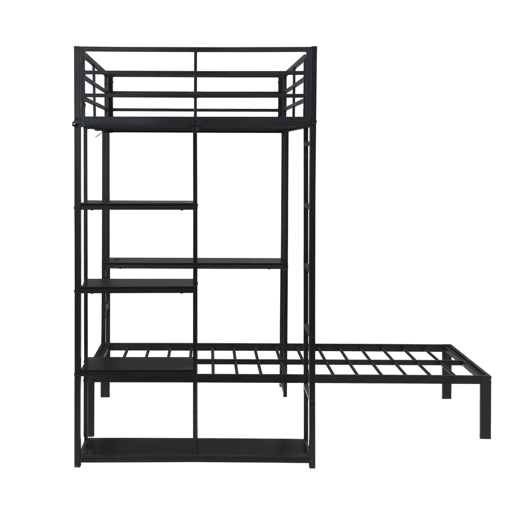 Metal Loft Bed Frame with LED Light Strip, Side Storage Shelves & Built-in Desk